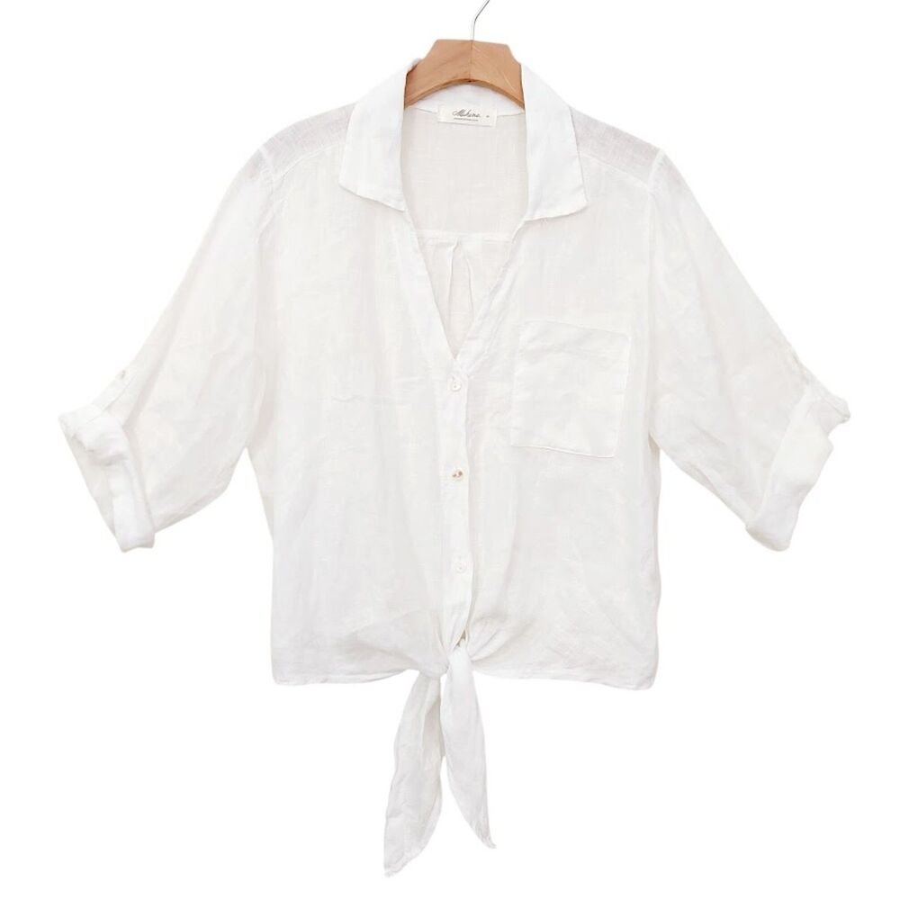 Mahina Womens Small White Linen Shirt Roll Tab Sleeve Button Minimalist Coastal